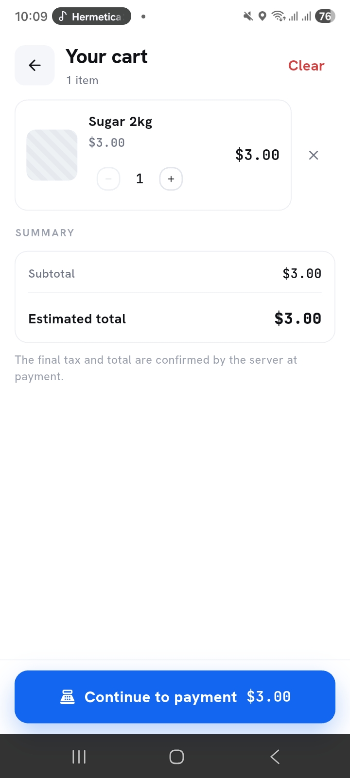 Cart screen with the total and the continue to payment button
