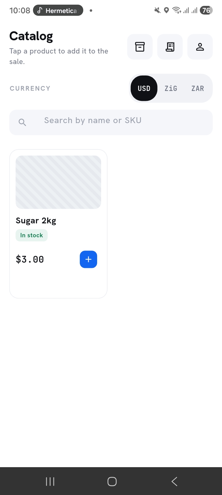 TillBook catalog screen, tap a product to add it to the sale