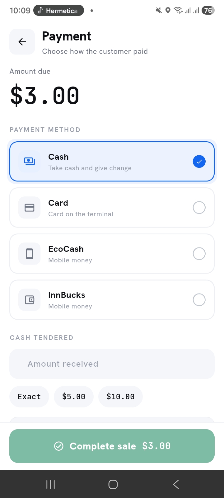 Payment method screen