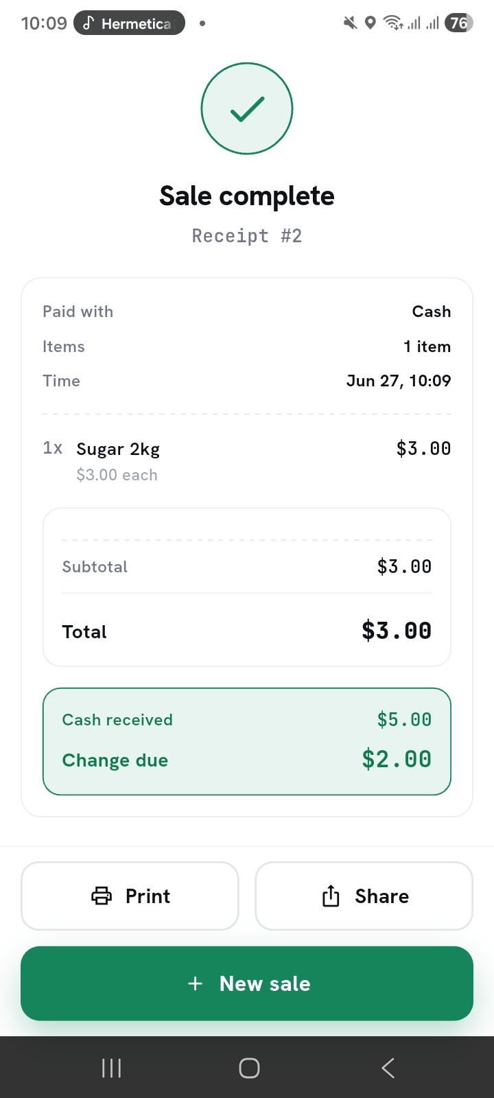 Sale complete receipt screen